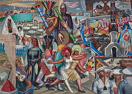 Imagen secundaria 1 - Arriba, 'El mago / Pim Pam Pum', 1926. The Art Institute, Chicago. Sobre estas líneas, a la izquierda, 'La verbena', 1927. Colección Museo Nacional Centro de Arte Reina Sofía, Madrid. A la derecha, 'Máscaras', c. 1942. Asociación Colección Arte Contemporáneo. Museo Patio Herreriano, Valladolid. Zara España