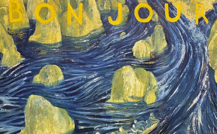 Imagen principal - De arriba abajo, 'Bonjour', lienzo de 2017; '¿Es el Apocalipsis? Dile que pase', novela digital de 2013; y 'Tiempos raros', obra reciente