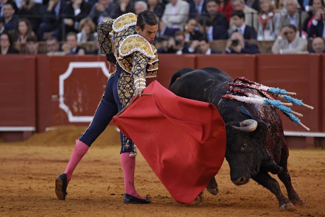 José María Manzanares, de azul noche y oro, torea con la muleta