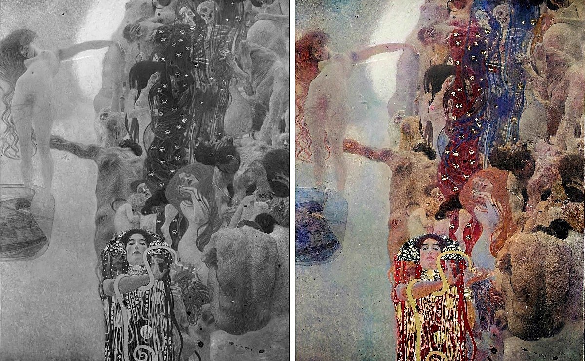 'Medicina' (fotografía en blanco y negro de la obra e imagen coloreada)