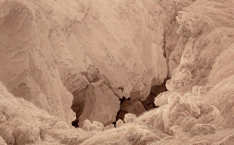 Imagen principal - De arriba abajo, 'Cueva en el Harz'; 'Salida de la luna a la orilla del mar'; y 'Mujer antes de la salida del sol', obras de David Friedrich