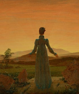 Imagen secundaria 2 - De arriba abajo, 'Cueva en el Harz'; 'Salida de la luna a la orilla del mar'; y 'Mujer antes de la salida del sol', obras de David Friedrich