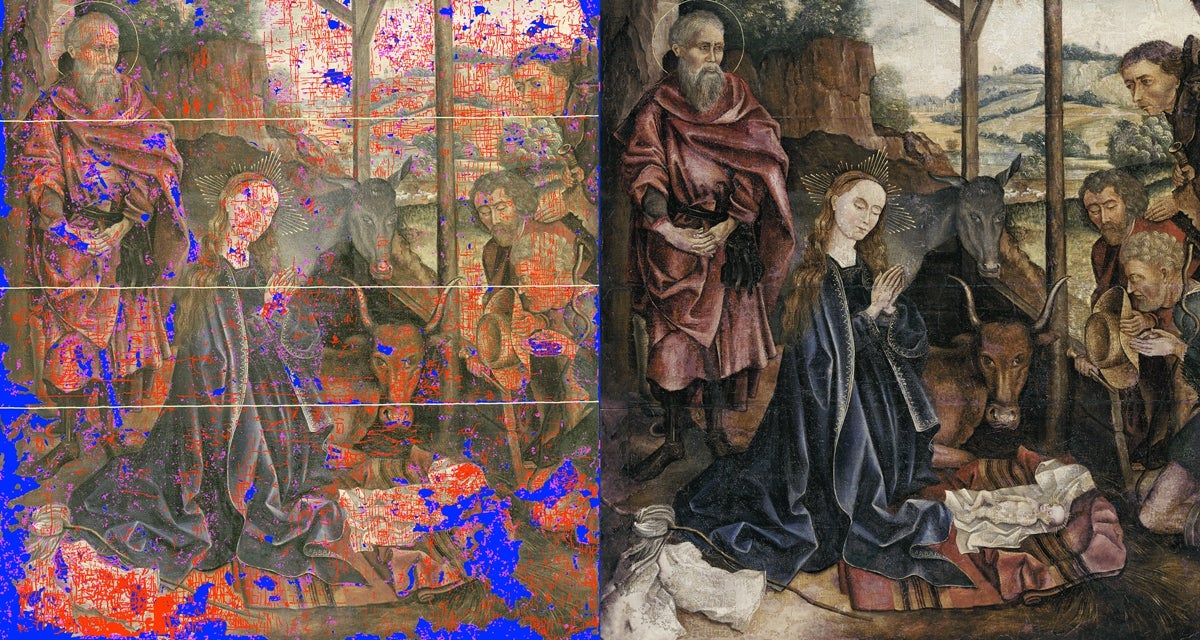 Una 'Adoración' del siglo XV. A la izquierda, imagen de su escaneo con el mapa de daños. A la derecha, la obra tras su restauración