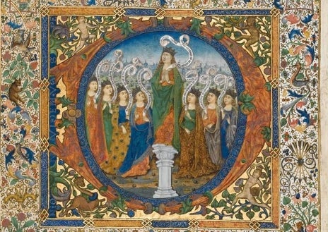 Imagen secundaria 1 - Fragmento de la decoración mural de San Baudelio de Berlanga (Soria), hoy en The Cloisters. Folio de un libro de coro procedente del Real Monasterio de Santo Tomás de Ávila (The Fitzwilliam Museum). Fragmento textil procedente de Villalcázar de Sirga (Palencia), en The Metropolitan Museum of Art