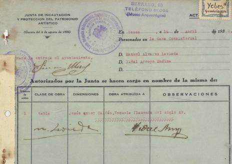 Imagen secundaria 1 - De arriba abajo: fragmento de 'La Anunciación'; acta de incautación de 'Cristo ante Pilatos'; primera petición, en 1939, de los bienes incautados