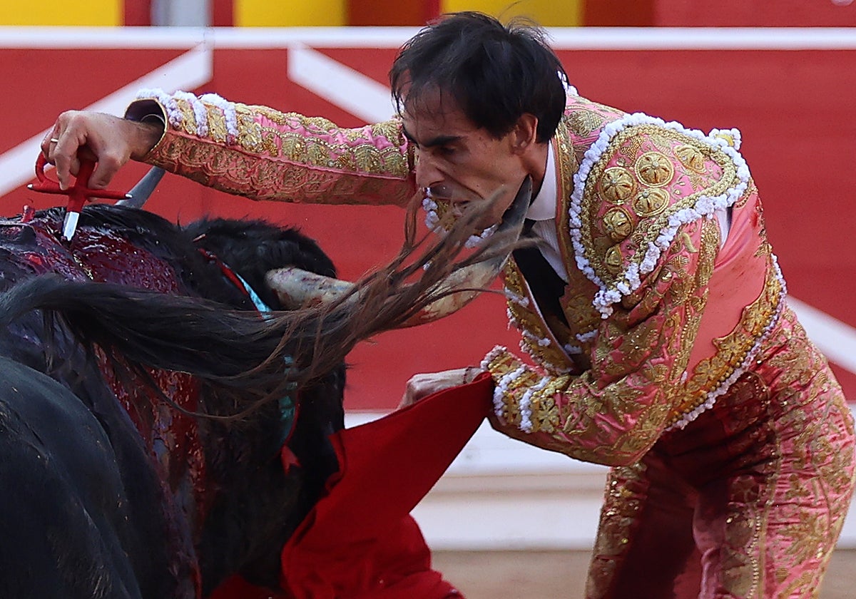 El cuarto toro pone el pitón en el cuello a Fortes en el momento de la estocada | Vídeo: resumen del festejo de la Feria del Toro de Pamplona 2025
