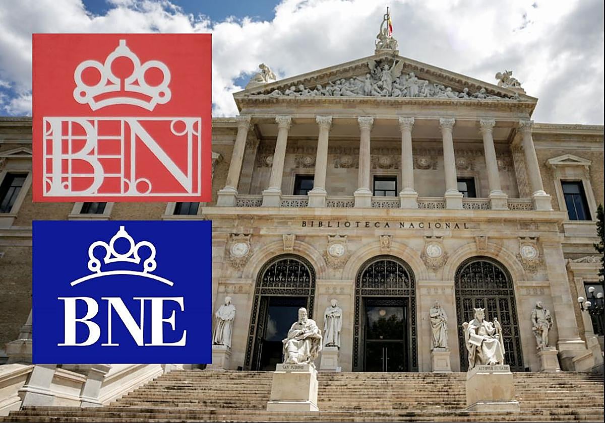 Fachada de la BNE y los dos últimos logotipos de la institución
