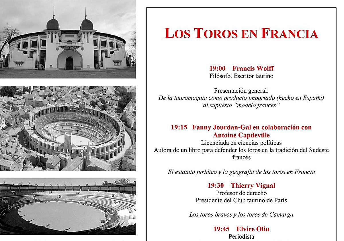 Cartel de la mesa redonda en la que se disertará sobre los toros en Francia
