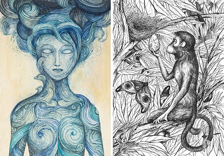 Dos obras de Ana Juan, presentes en la exposición. A la izquierda, pieza del conjunto 'La huella del caos' (detalle), 'Wunderkammer'. A la derecha, 'Todo y parte' (grafito sobre papel)