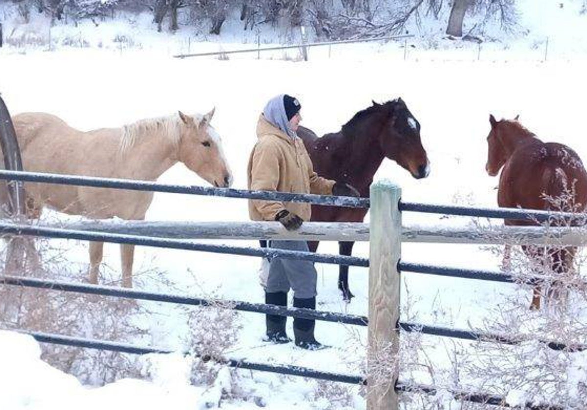 Jaycee Carroll, en su rancho de Utah junto a los caballos que cría allí