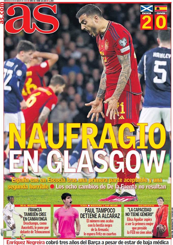 «Naufragio en Glasgow. España cae ante Escocia tras una primera parte aceptable y una segunda horrible. Los ocho cambios de De la Fuente no funcionan»