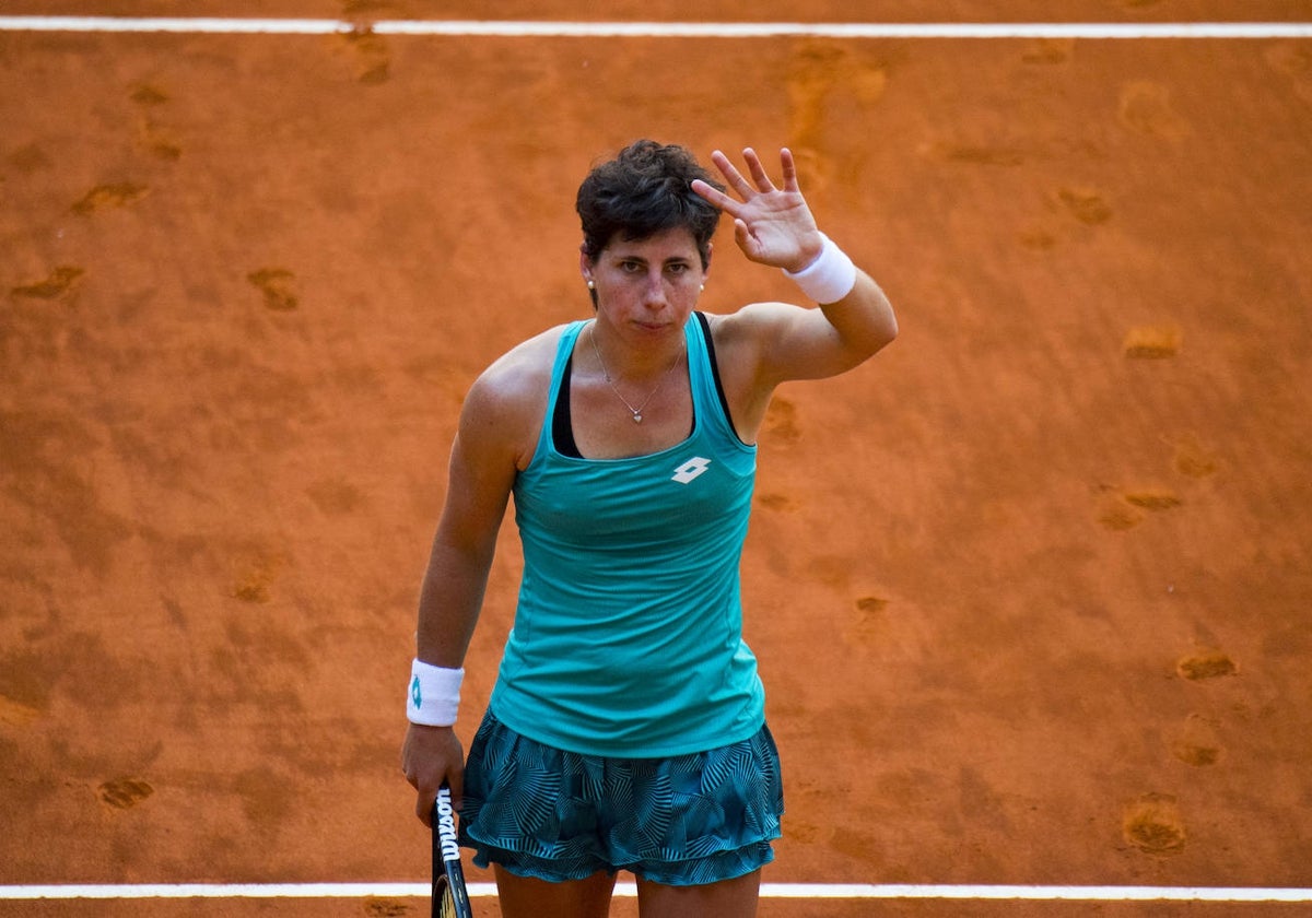 Carla Suárez, en el partido contra Maria Sakkari de 2019, en la Caja Mágica