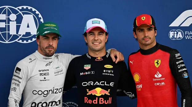Fernando Alonso, Checo Pérez y Carlos Sainz, tras la clasificación del GP de Miami de Fórmula 1