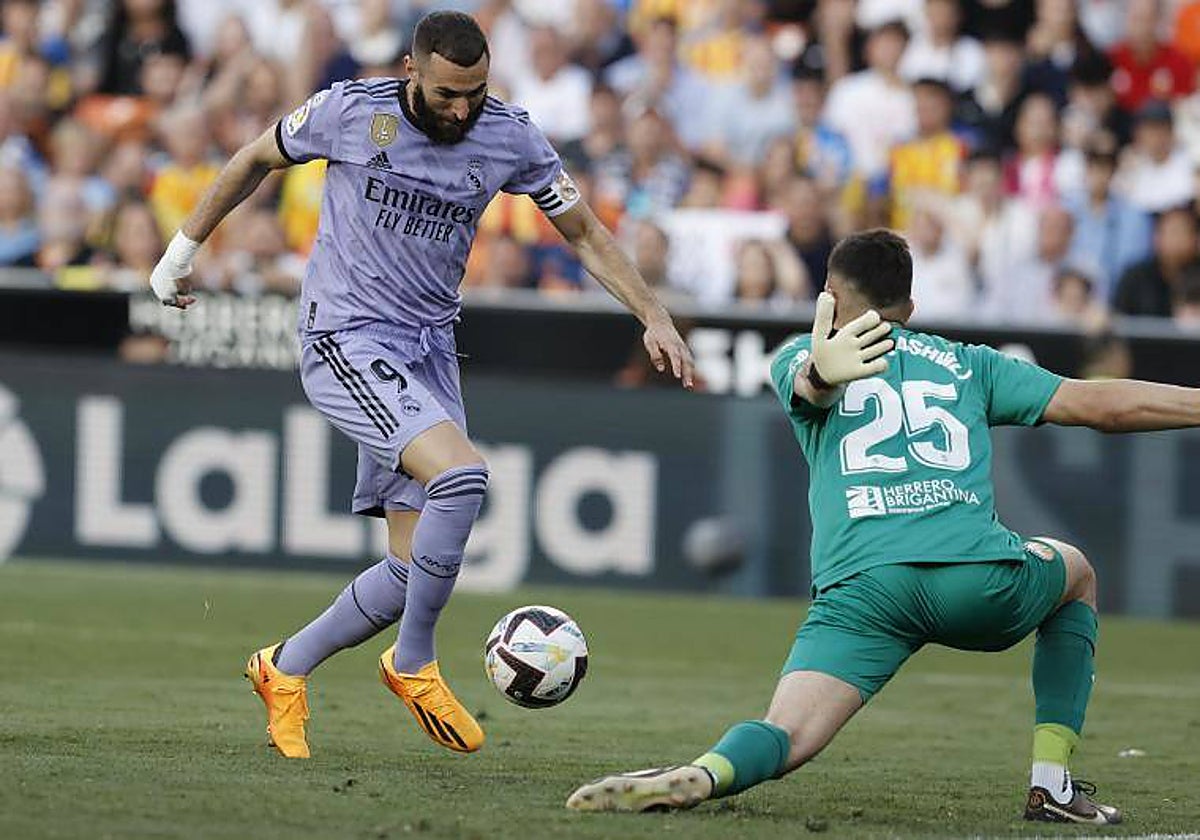 Benzema, ante Mamardashvili, este domingo en Mestalla