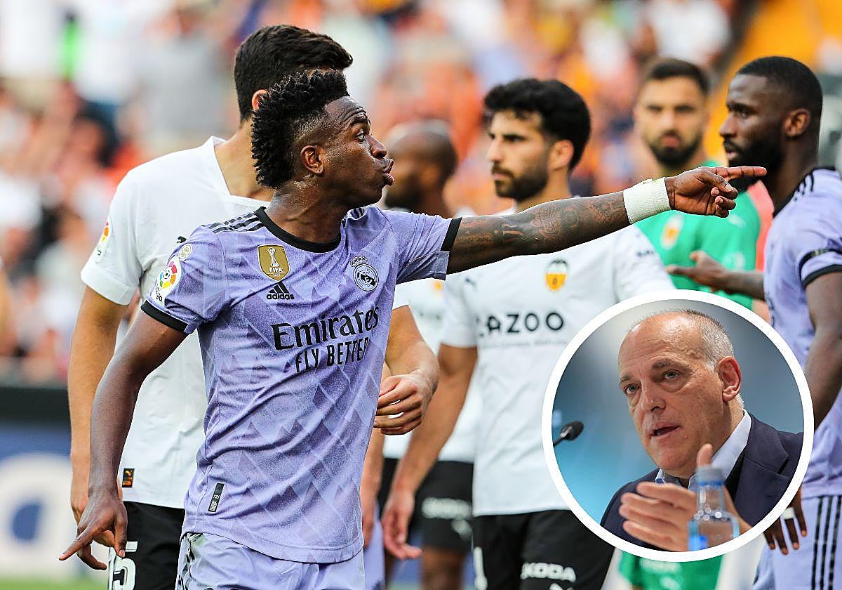 El jugador del Real Madrid Vinicius y el presidente de LaLiga, Javier Tebas // Vídeo: Rubiales: «Tenemos un problema de racismo en nuestro país» (Atlas)