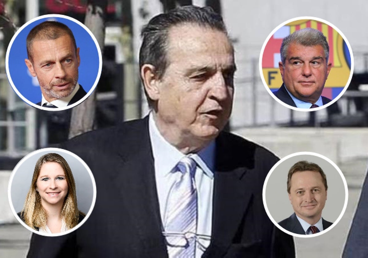 El exárbitro Enríquez Negreira. Arriba, Aleksander Ceferin y Joan Laporta. Abajo, los inspectores de la UEFA: Mirjam Koller y Jean-Samuel Leuba