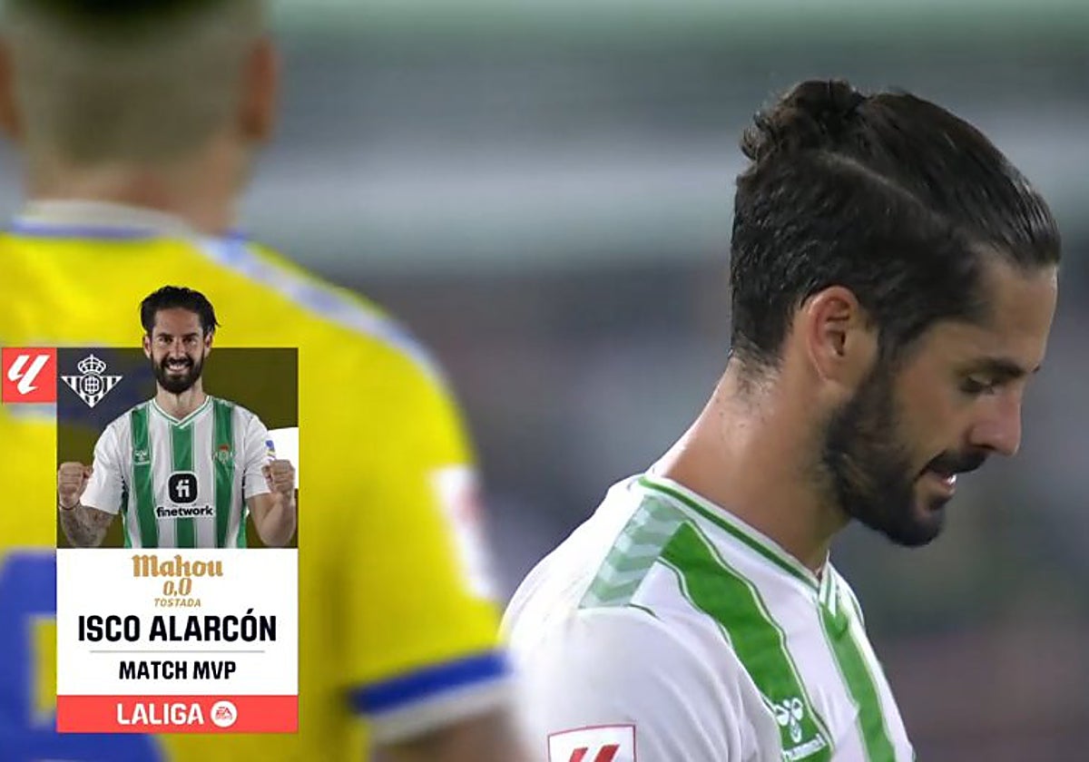 La imagen de pantalla de DAZN en la que se elige a Isco como el MVP del Betis - Cádiz