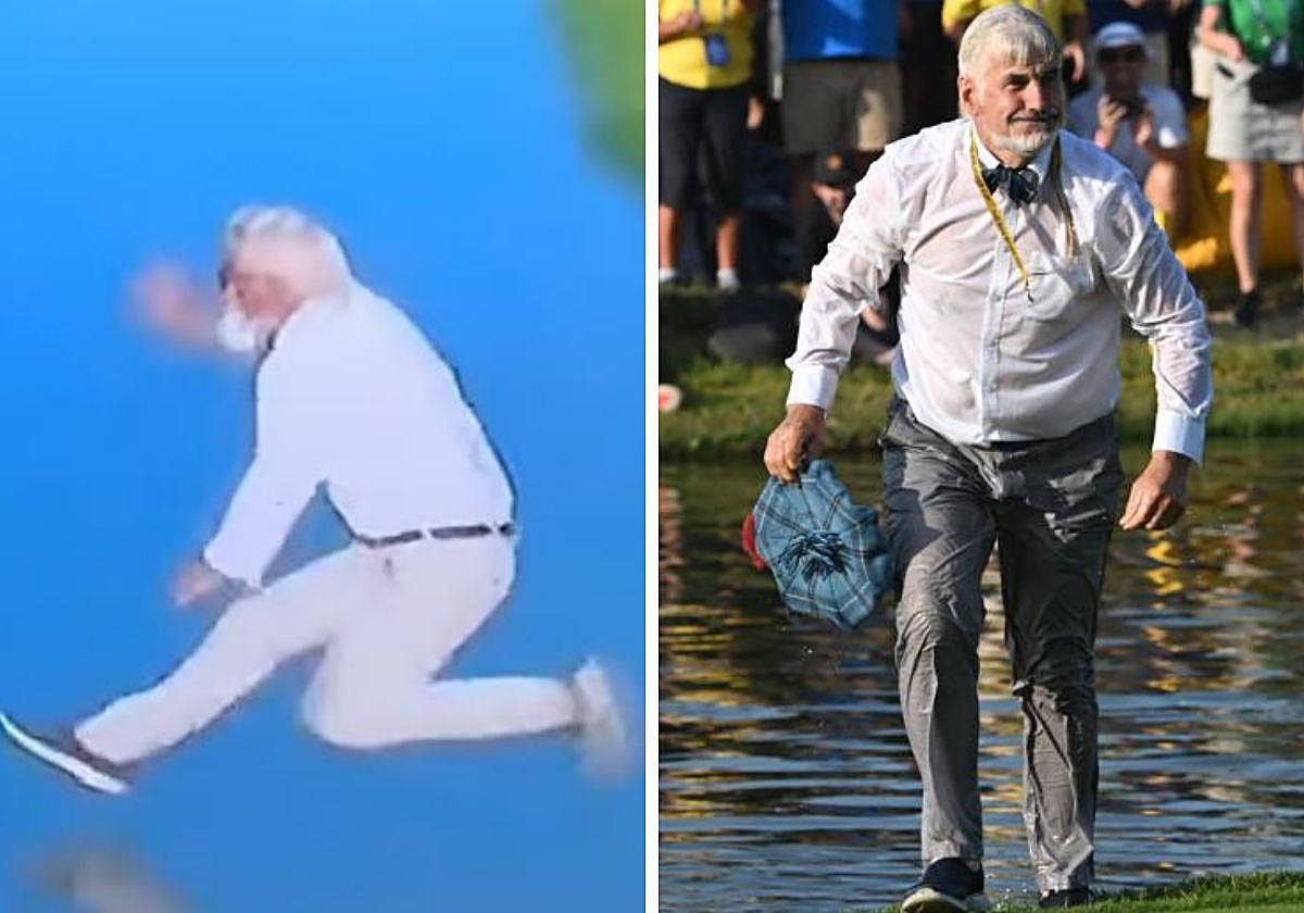 El aficionado durante y después de su salto al agua