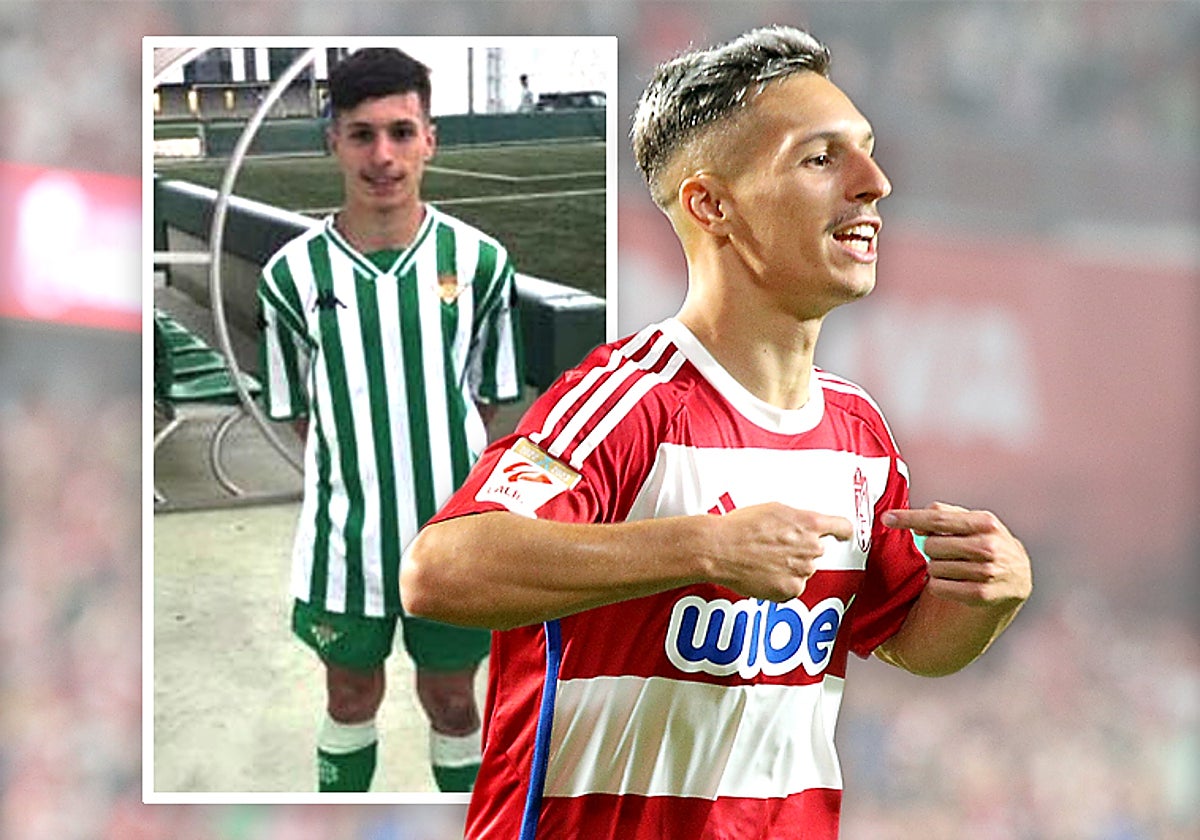 A la izquierda, Bryan Zaragoza en la ciudad deportiva Luis del Sol. A la derecha, celebra uno de los goles marcados en el Granada-Barcelona