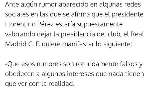 Extracto del comunicado del Real Madrid en el que se desmiente la intención del presidente que sí aparece en el orden del día de la Asamblea