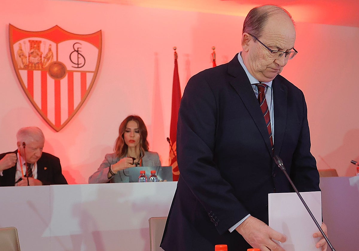 El presidente del Sevilla, José Castro, durante la Junta de Accionistas celebrada en el hotel Los Lebreros