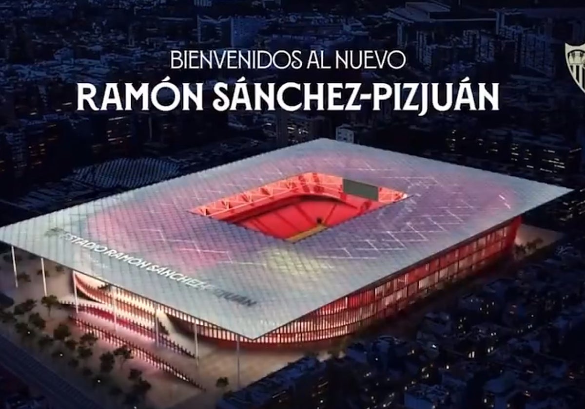 Imagen aérea del nuevo Ramón Sánchez-Pizjuán, que se ha descubierto este jueves durante la celebración de la junta general de accionistas