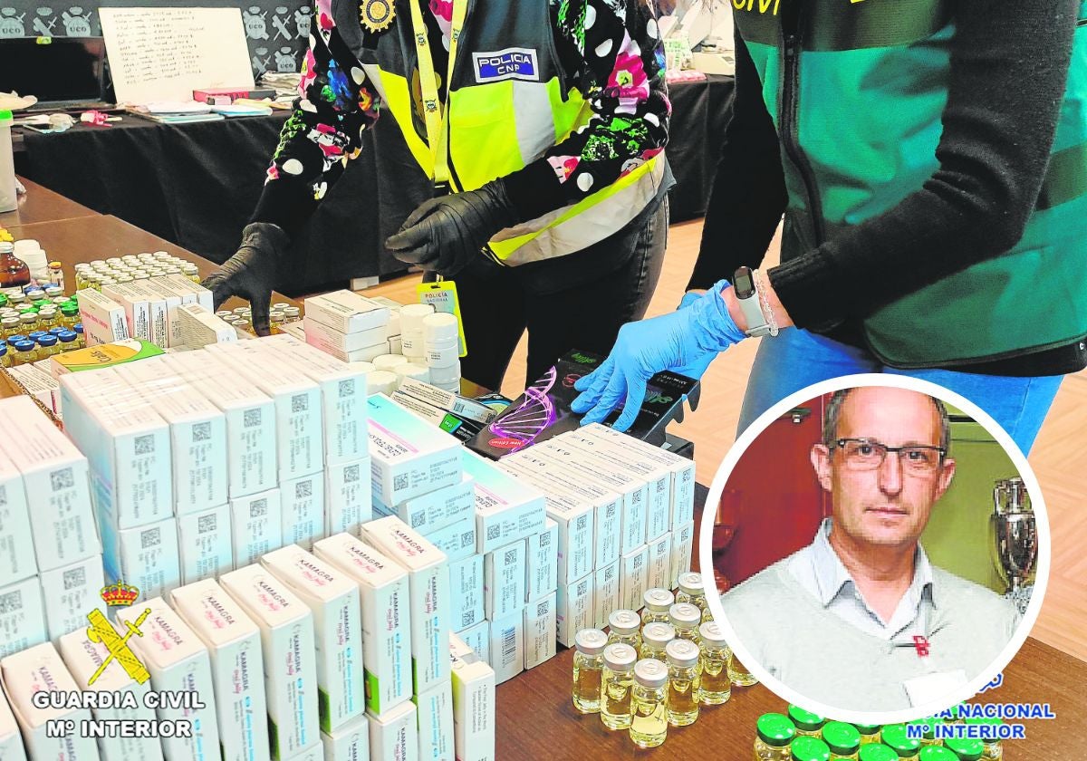 Productos dopantes incautadas en una redada policial. Abajo, Jesús Muñoz Guerra, el director de Control del Dopaje de la CELAD, contra el que se ha abierto juicio oral