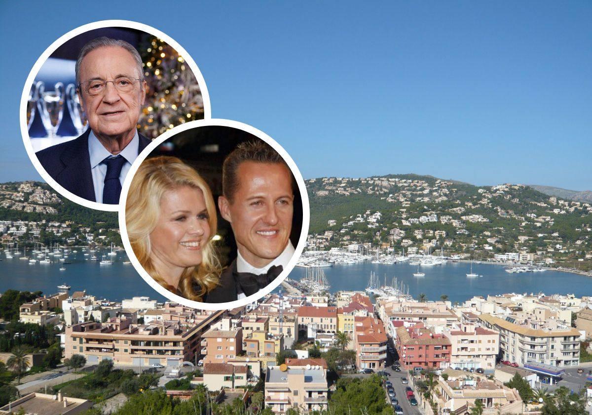 El Puerto de Andratx, en Mallorca. Arriba, Florentino Pérez y el matrimonio Schumacher