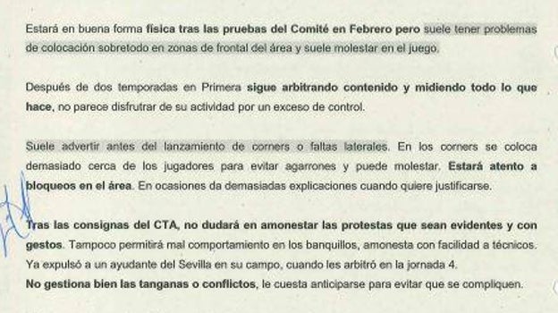 Uno de los informes de Javier Enríquez sobre el colegiado Jaime Latre, que consta en el sumario del caso Negreira