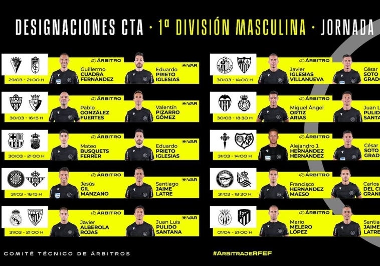 Las designaciones arbitrales para la jornada 30ª en LaLiga EA Sports