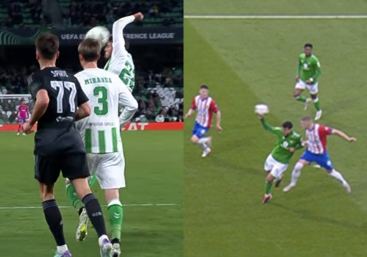 Chadi Riad en la mano que supuso el penalti en el Betis - Dinamo de Zagreb, a la izquierda; y en la acción del 1-0 a favor del Girona por otra pena máxima por manos
