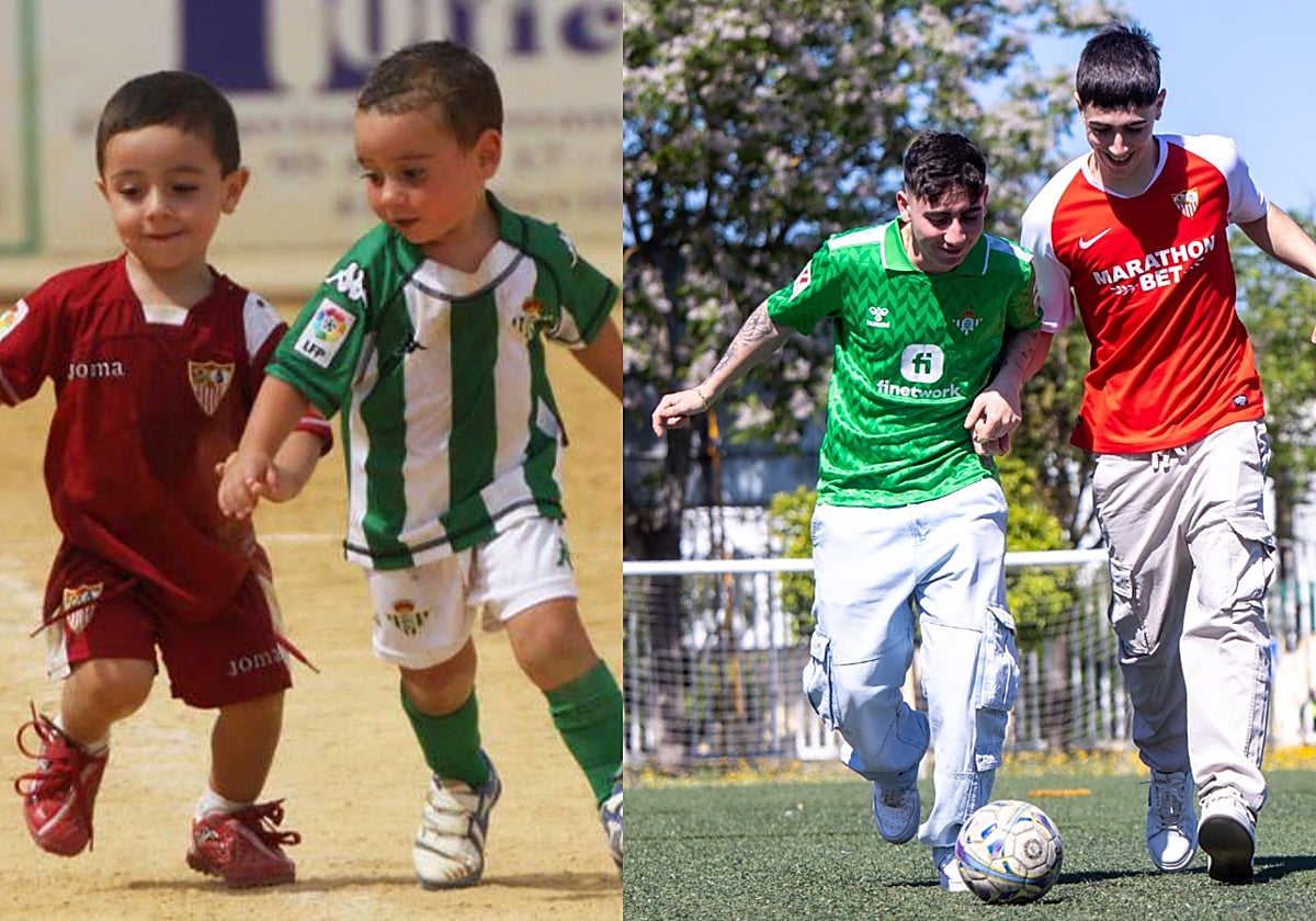 A la izquierda, Hugo y Pablo juegan a la pelota en una de las imágenes más famosas del derbi; a la derecha, el pasado miércoles, reeditan la instantánea en el mismo tramo del centro deportivo Sevilla Este