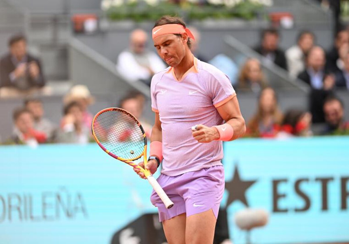 Rafa Nadal celebra su victoria contra Darwin Blanch en el Mutua Madrid Open 2024