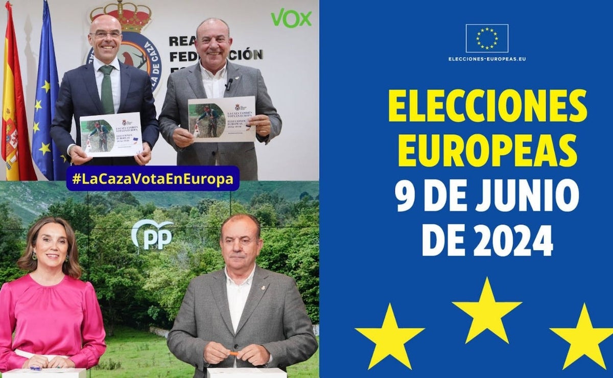 Manuel Gallardo, presidente de la Real Federación Española de Caza, con Jorge Buxadé, diputado por Vox en el Parlamento Europeo y Cuca Gamarra, secretaria general del PP y diputada del parlamento español
