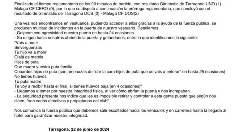 La lista de insultos que recoge el colegaido Éder Mallo en el acta arbitral de la primera final de 'playoff' de ascenso a Segunda que se vivió en Tarragano, enfrentando a Nástic-Málaga