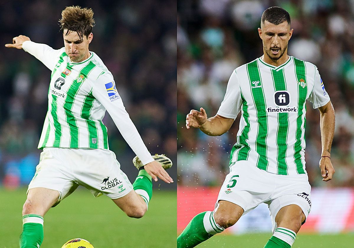 Juan Miranda y Guido Rodríguez en sendos partidos de la temporada 23-24 con el Betis