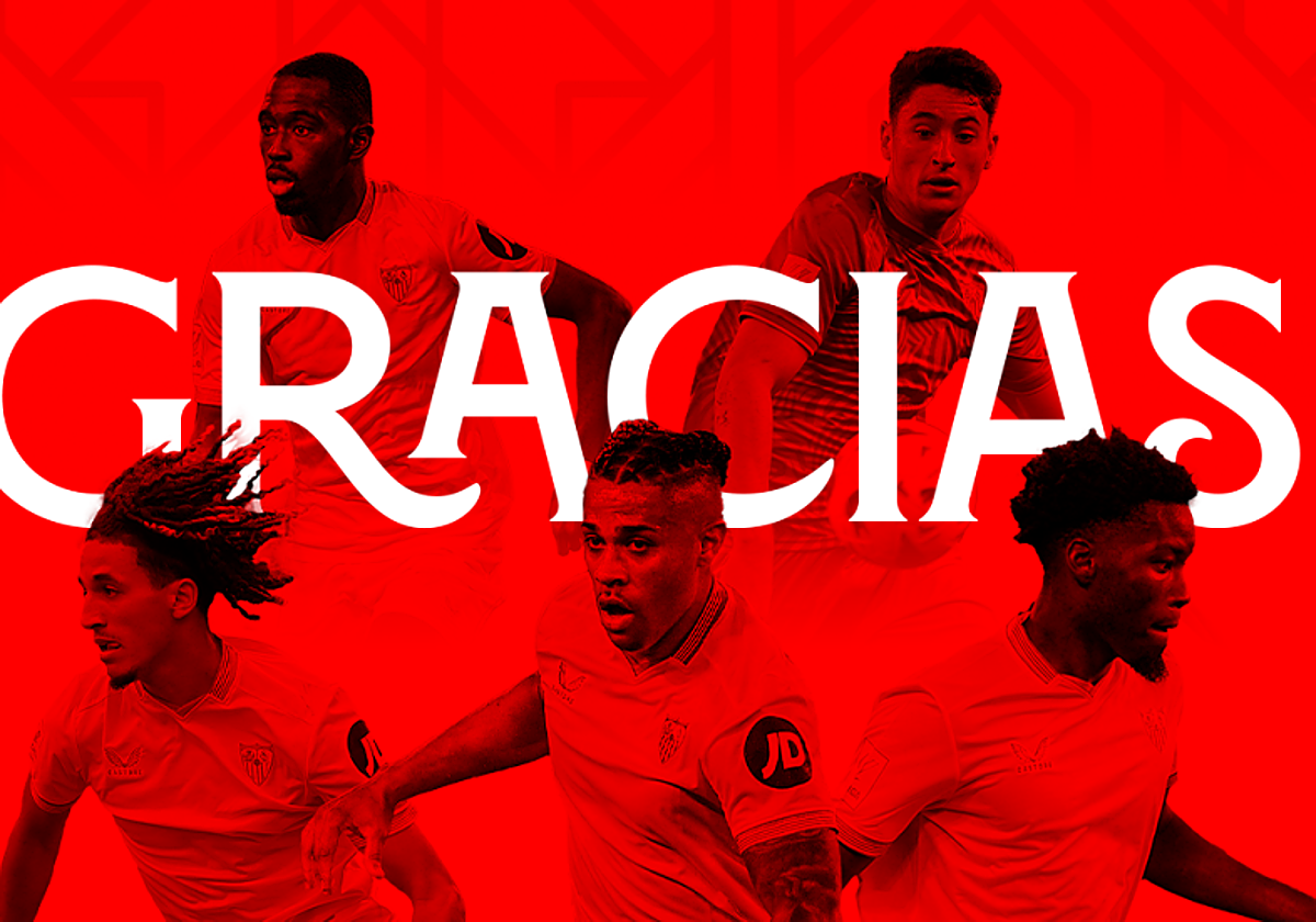 Montaje del Sevilla para anunciar el adiós de cinco futbolistas que no estarán en la 2024-25