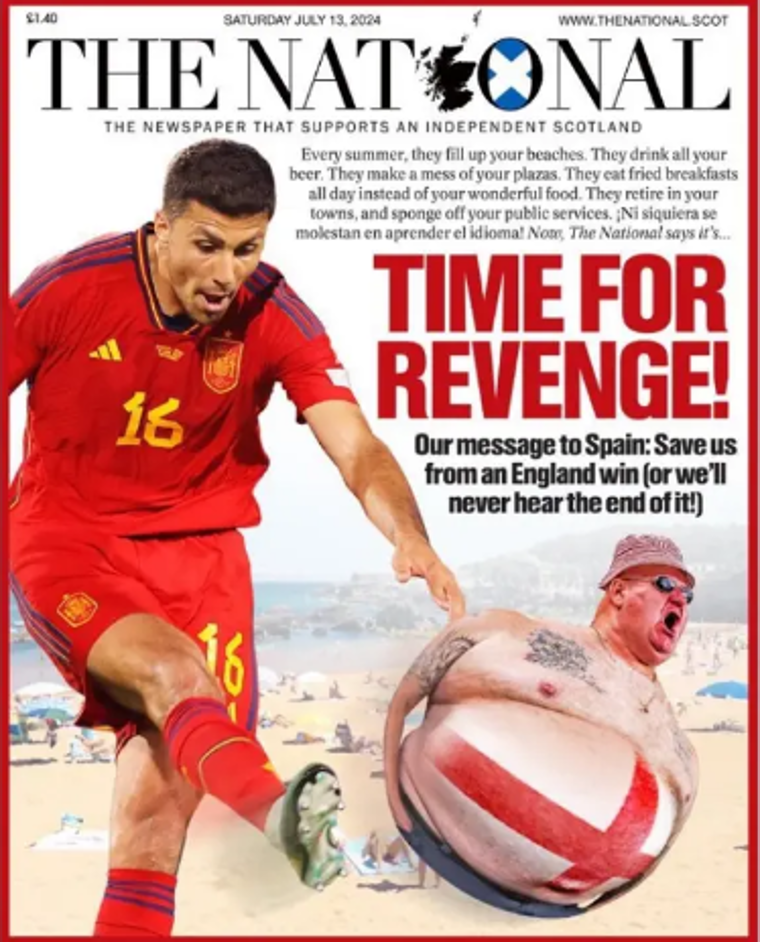 La original portada en la prensa escocesa que se encomienda a España en la final contra Inglaterra: «Se jubilan en vuestras ciudades»