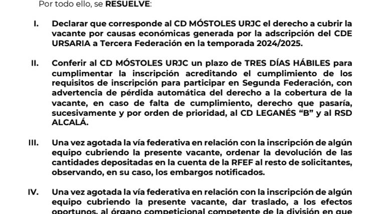 Decisión oficial de la RFEF: el CD Móstoles ocupa la plaza vacante del Ursaria en Segunda Federación