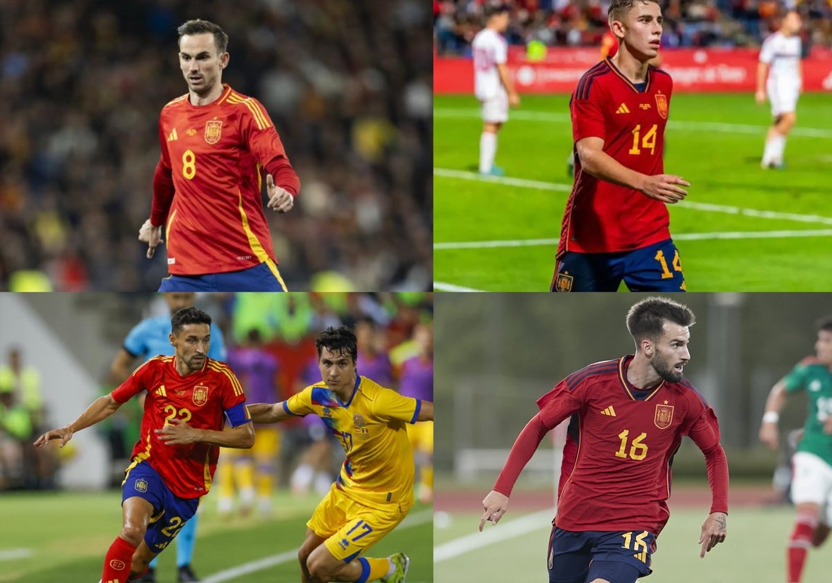 Fabián Ruiz y Fermín López, arriba; y Navas y Baena, en distintos partidos con la selección