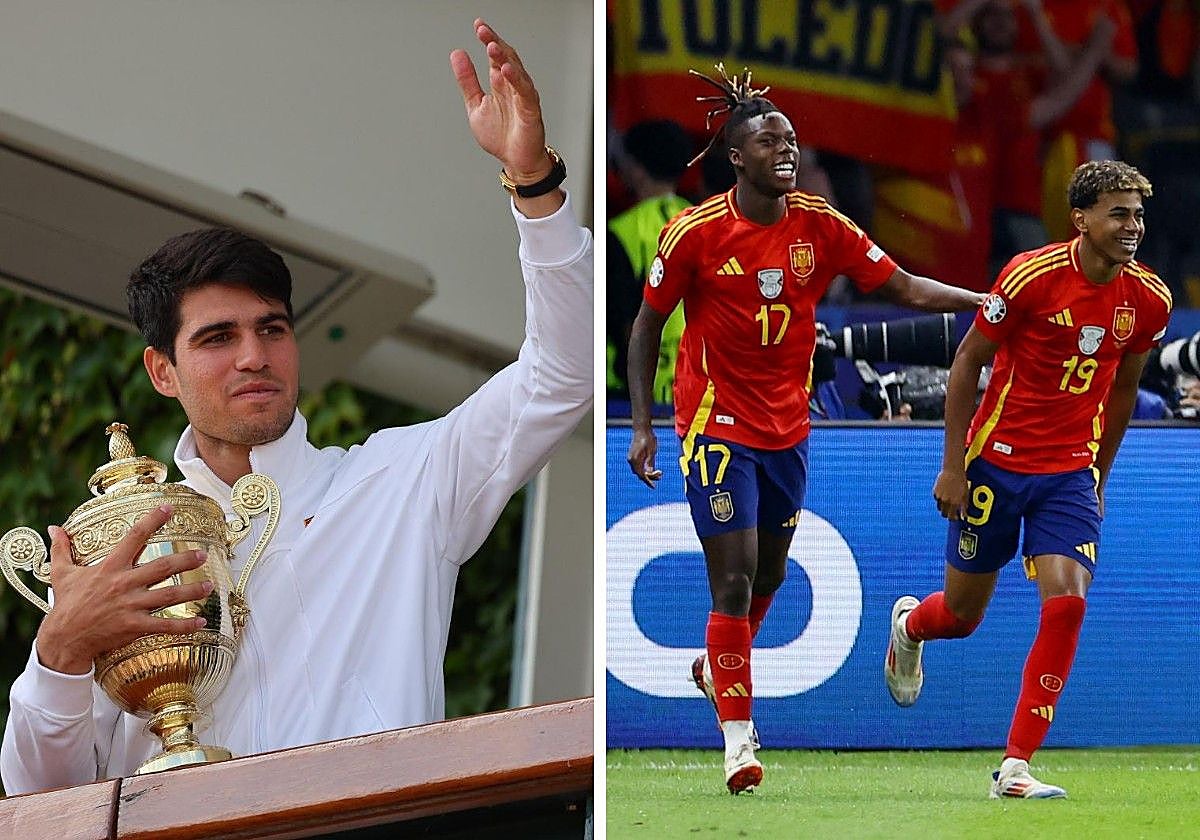 Carlos Alcaraz, con su Wimbledon. Nico Williams y Lamine Yamal, tras su gol en la final