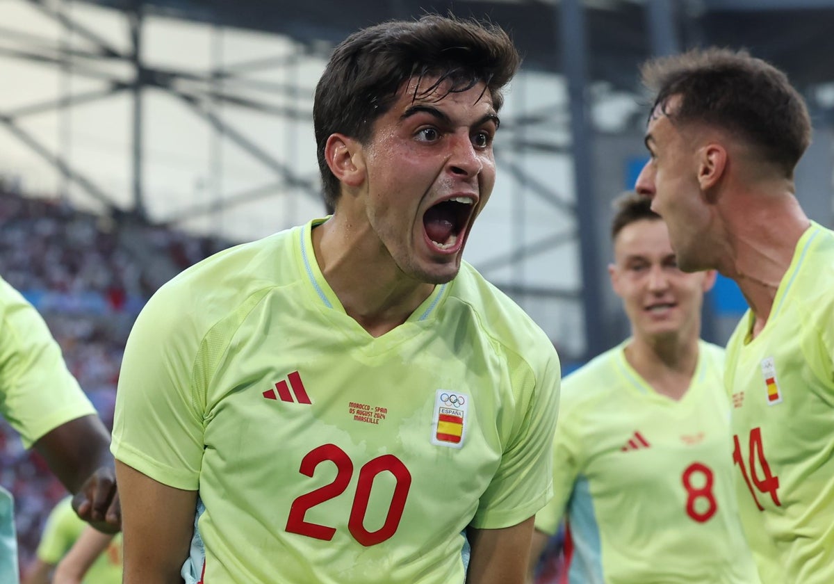 Juanlu Sánchez celebra su gol a Marruecos en Marsella