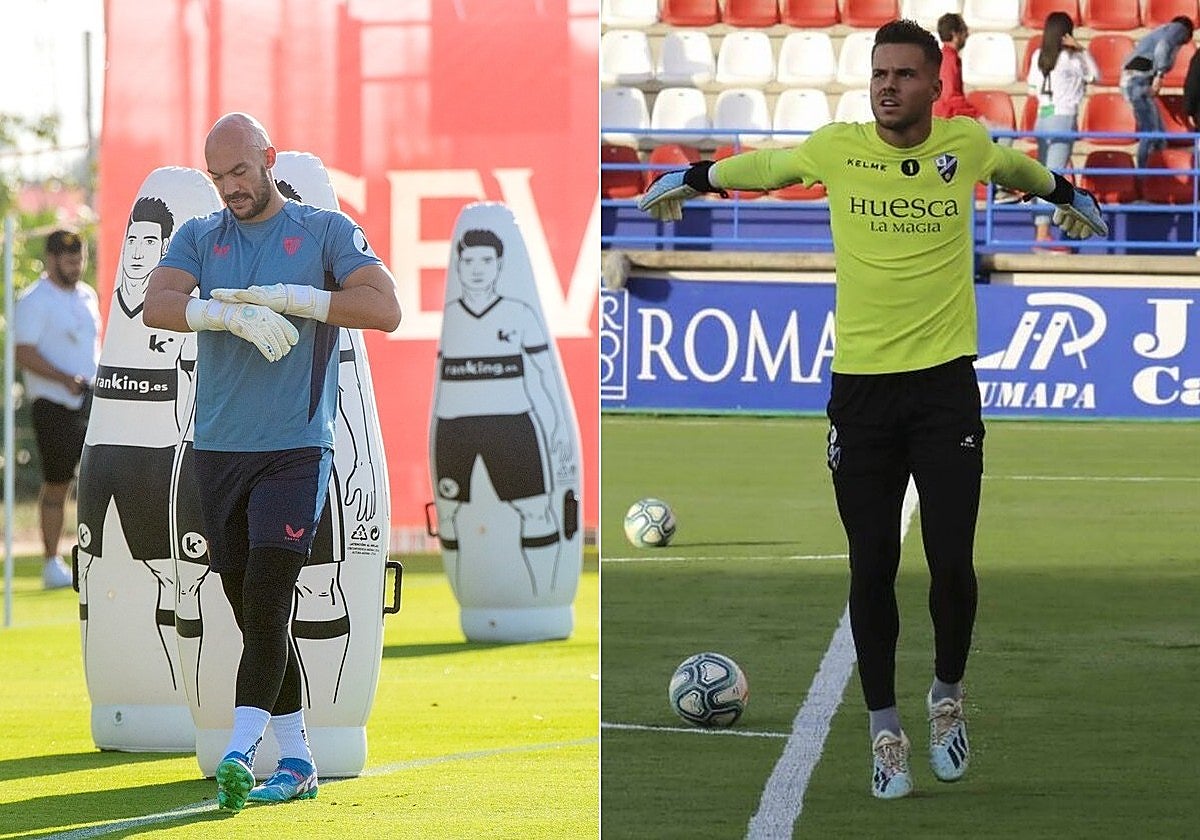 Dmitrovic, en una sesión de entrenamiento de esta pretemporada, y Álvaro Fernández, durante un calentamiento previo a un partido con el Huesca