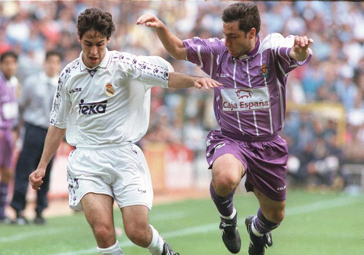 Raúl es el máximo goleador de los Real Madrid- Real Valladolid de Liga en campo madridista. El legendario capitán no marcó a nadie tantos goles como a los pucelanos. La imagen corresponde al partido de Liga en el Bernabéu en la 96-97 (1-0)