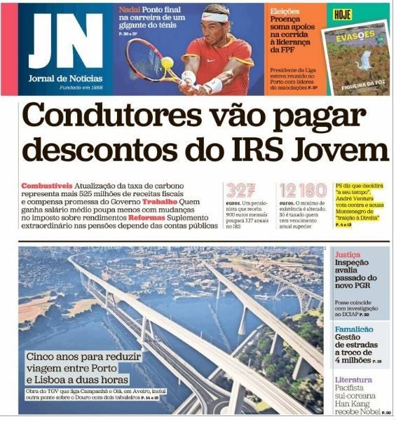 El periódico de prensa generalista portugués, Jornal de Noticias, ofrece un espacio en la cabecera de su portada