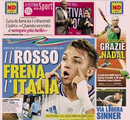 Con un mensaje de «Gracias Nadal»,  La Gazzetta della Sport abre un hueco en su portada que comparte con Sinner y con Italia