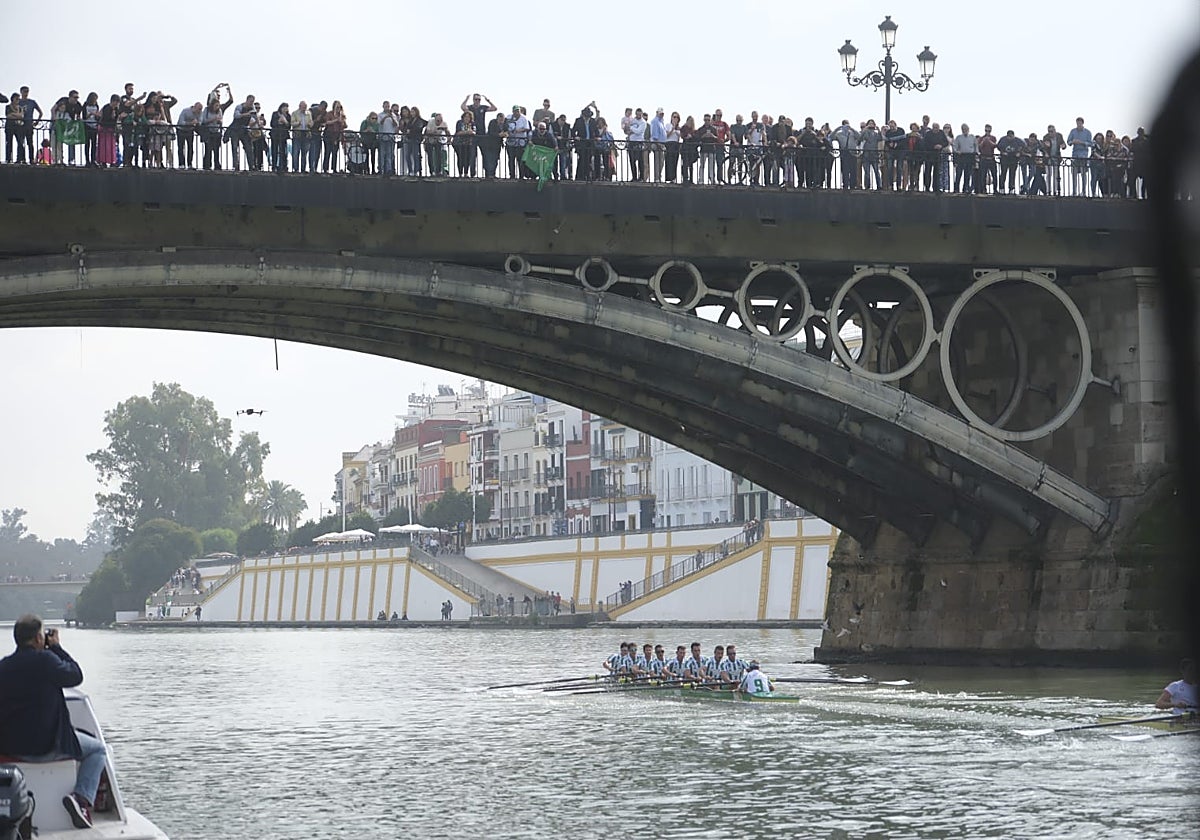 El ocho absoluto masculino del Betis, pasando por debajo del Puente de Triana
