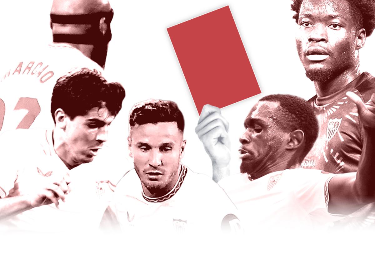 Los cinco expulsados del Sevilla en lo que va de curso: Marcao, Juanlu, Saúl, Nianzou y Agoumé, último en sumarse a la lista