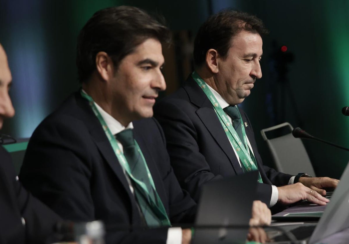 José Miguel López Catalán, vicepresidente del Betis, junto al presidente, Ángel Haro, en la Junta General de Accionistas de 2024