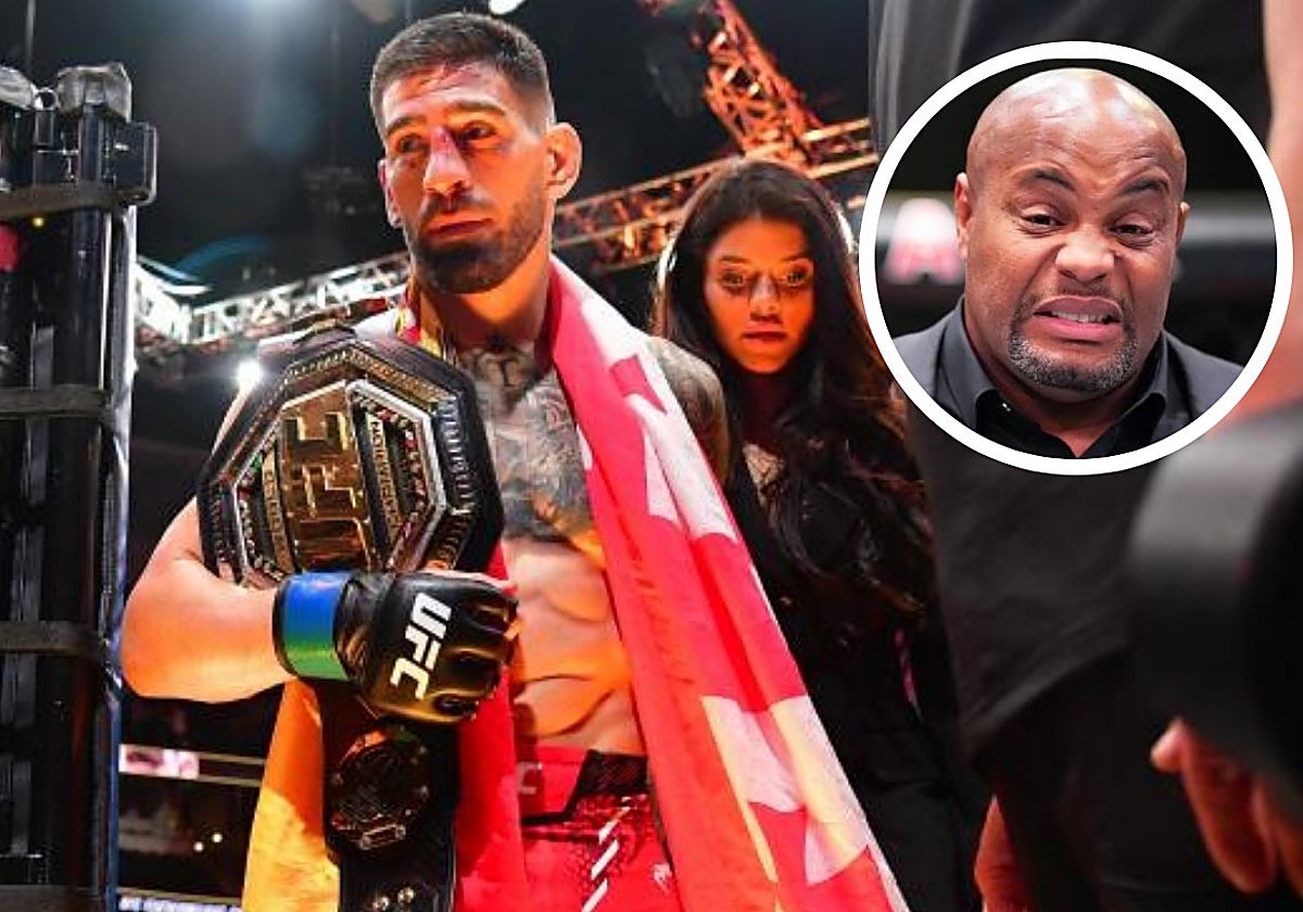 Ilia Topuria, con su cinturón de campeón. En el círculo, Daniel Cormier